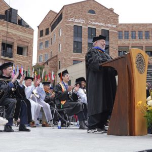 Steve Wozniak was the 2024 Commencement Address speaker at the University of Colorado Boulder.  (Photo by Casey A. Cass/University of Colorado)